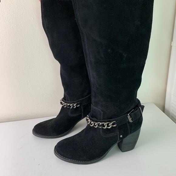 BCBGeneration Size 8 Merryl Black Genuine Suede Tall Wedge Chain Link Boots - Picture 2 of 11